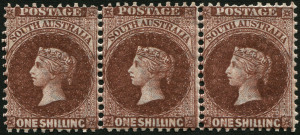 SOUTH AUSTRALIA: 1901-02 (SG.149) 1/- red-brown (aniline), horizontal strip (3) fresh MUH.