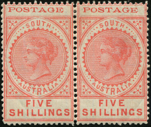 SOUTH AUSTRALIA: 1902-04 (SG.277) 5/- rose "POSTAGE" (thin type) in superb horizontal pair, (2) MVLH. Cat.£240.