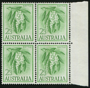 Australia: Other Pre-Decimals: 1964 (SG.324a) 2/3d "White Wattles" marginal block of 4, lower-left unit with variety "Oblique line through right side of first 'T' of 'WATTLE' retouched, State II", fresh MUH, Cat $150.
