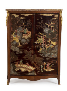 A French Chinoiserie lacquered armoire with ormolu mounts and marble top, circa 1930s, makers ink stamp to top (illegible), 158cm high, 127cm wide, 47cm deep