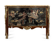 A French Chinoiserie lacquered and kingwood bombe commode with ormolu mounts and marble top, circa 1930s, 93cm high, 130cm wide, 58cm deep - 2
