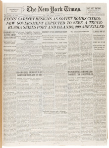 NEW YORK TIMES - WWII ERA: 1939 Oct. 1-15, Nov. 1-15, Nov. 16-30 & Dec.1-15 broadsheets in four bound volumes. Strong coverage of "The European Conflict" with the Oct 1st (Sunday) edition "Week in Review" article covering the Surrender of Warsaw and the R
