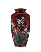 A Japanese cloisonn&eacute; vase, pigeon blood and silver with blossom decoration, 20th century, eight character mark to base 22cm high - 3