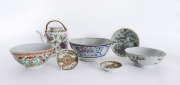 Three Chinese porcelain bowls, Canton ware teapot, two sauce dishes and a Cantonese plate, 19th and 20th century, (7 items), the teapot 15cm high - 2