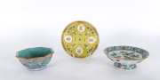 Three assorted Chinese polychrome porcelain dishes, Guangxu period, late 19th century yellow dish 14.5cm diameter - 2