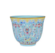 A Chinese polychrome porcelain cup decorated with lappets and lotus with stylised peonies, late 19th century, impressed seal mark to base, 7cm high, 8.5cm wide - 3