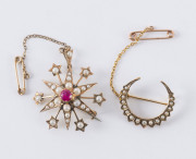 Two antique 9ct gold brooches with seed pearls and garnet, 19th century, star brooch 4cm across, 8 grams total - 2