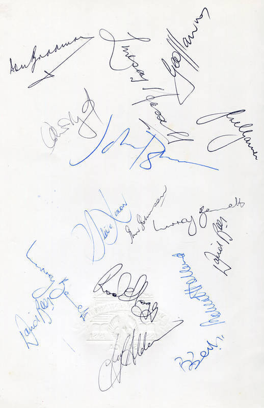 CRICKET AUTOGRAPHS: 1984 Adelaide Oval Centenary Test folder with 34 signatures including Don Bradman, Greg Chappell, Lindsay Hassett, David Boon, Freddie Brown, Len Hutton & Richie Benaud.