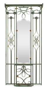 A French Art Deco wrought iron hall stand with original green and gilt finish, circa 1920, 187cm high, 85cm wide, 26cm deep