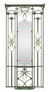 A French Art Deco wrought iron hall stand with original green and gilt finish, circa 1920, 187cm high, 85cm wide, 26cm deep