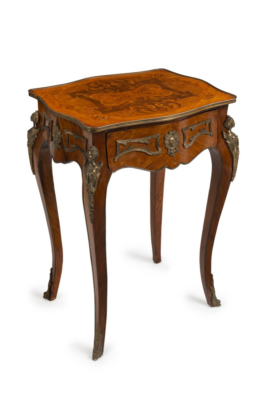 A Louis XV style occasional table, single drawer, kingwood marquetry top with gilt metal mounts, 20th century, 81cm high, 59cm wide, 48cm deep