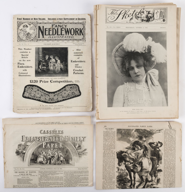 "THE SKETCH MAGAZINE" (AUSTRALASIAN EDITION): 1901 weekly theatrical publication, incomplete run of issues (9), between Oct.2 and Dec.25; also "Cassell's Illustrated Family Paper" 1855 Jun.23 & Jul.28 editions and a 1910 edition of "Fancy Needlework" (12