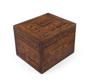 A Regency English tea caddy, rosewood with marquetry inlay, monogram to top "A.W.R.", circa 1820, interior fitted with two lidded compartments topped with whale bone handles, 15cm high, 16.5cm wide, 14cm deep