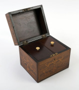 A Regency English tea caddy, rosewood with marquetry inlay, monogram to top "A.W.R.", circa 1820, interior fitted with two lidded compartments topped with whale bone handles, 15cm high, 16.5cm wide, 14cm deep - 2