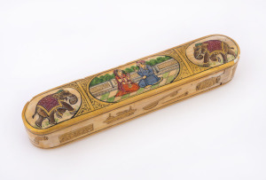 Indian pen case, made from segments of bone with hand-painted scenes, early 20th century, 24cm across