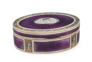 A stunning Austro-Hungarian silver snuff box with purple guilloché enamel and floral border, central intaglio rock crystal oval classical scene vignette, interior with original gilt wash, Vienna, circa 1900. 3cm high, 8.5cm wide, 6cm deep