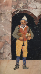 A Florentine pietra dura panel of the chianti man, 19th century, panel 24.5 x 15cm, frame 30 x 20cm overall