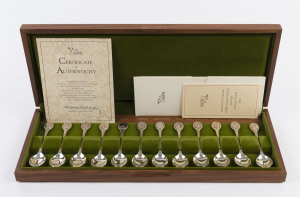 Royal Society for the Protection of Birds boxed set of 12 sterling silver spoons, circa 1976, with documentation, ​330 grams total