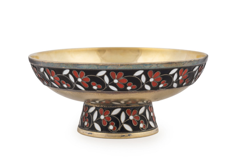 A Russian silver and enamel decorated bowl with gilt wash finish, Soviet era hammer and sickle in star stamped "916", 5cm high, 11cm diameter, 140 grams