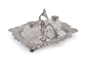 An English sterling silver inkstand desk set with inscription "Presented To John Brewer Esq. By The Committee And Friends Of The Dawlish Cottage Hospital In Greatful Recognition Of More Than 20 Years Of Unwearied Labour And Kindness, In Connection With Th