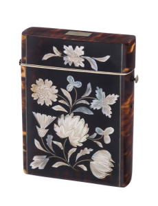 An antique calling card case, tortoiseshell and mother of pearl with ivory trim and silk lining, 19th century, ​10cm high