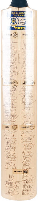 1985 WORLD CHAMPIONSHIP OF CRICKET, full size Cricket Bat signed by all 7 teams - Australia, England, West Indies, New Zealand, India, Pakistan & Sri Lanka - with 98 signatures including David Gower, Allan Border, Clive Lloyd, Richard Hadlee & Sunil Gavas