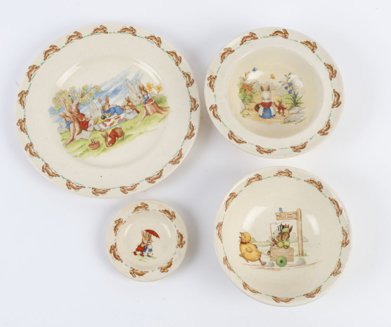 ROYAL DOULTON "Bunnykins" dish, plate and two bowls, 20th century, (4 items), pictorial Bunnykins backstamps, two pieces signed Barbara Vernon, the plate 22cm diameter