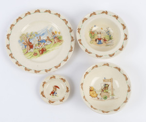 ROYAL DOULTON "Bunnykins" dish, plate and two bowls, 20th century, (4 items), pictorial Bunnykins backstamps, two pieces signed Barbara Vernon, the plate 22cm diameter