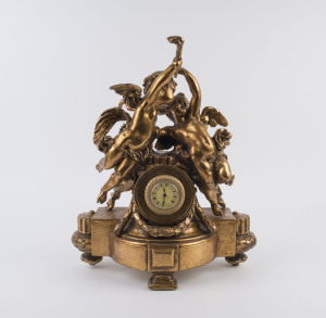 A reproduction French style mantel clock with gilt cherubs, late 20th century, 50cm high