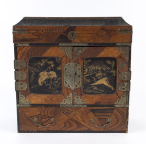 A Japanese travelling vanity and jewellery case, parquetry and lacquer work with metal mounts, interior fitted with drawers and compartments, Meiji period, 19th century, 37cm high