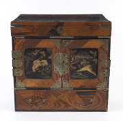 A Japanese travelling vanity and jewellery case, parquetry and lacquer work with metal mounts, interior fitted with drawers and compartments, Meiji period, 19th century, 37cm high