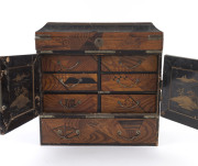 A Japanese travelling vanity and jewellery case, parquetry and lacquer work with metal mounts, interior fitted with drawers and compartments, Meiji period, 19th century, 37cm high - 2