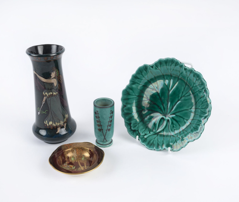 Wedgwood green majolica leaf plate, Carlton Ware "Rouge Royale", dish, Gustavsberg "Argenta" vase and a Decoro Ware vase, early to mid 20th century, Decoro Ware vase 20cm high