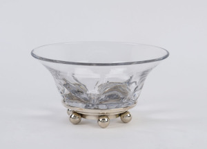 ORREFORS Swedish crystal bowl on Belgium silver base by Wolfers, pictorial boar's head mark stamped "A835", 10cm high, 20cm diameter