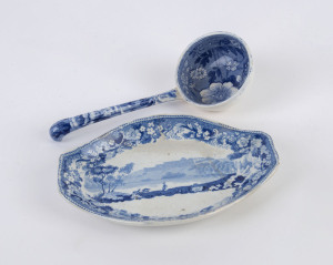 COPELAND & GARRETT English porcelain ladle circa 1840, together with an English porcelain spoon dish with rural scene, ​circa 1825, (2 items), the ladle 16.5cm long