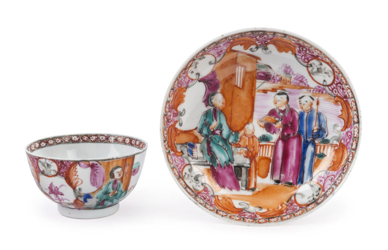 A Chinese famille rose tea bowl and saucer, circa 1760, the saucer 12cm diameter