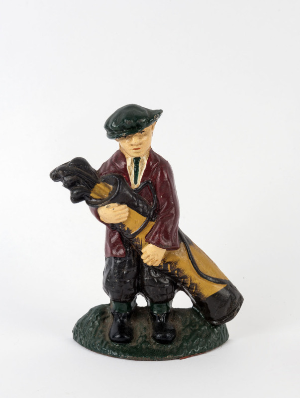 GOLFING INTEREST reproduction door stop, painted cast iron, late 20th century, ​20cm high