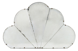 An Art Deco fan shaped mirror with scalloped and bevelled edges, circa 1930s, 54 x 86cm