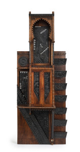 CARLO BUGATTI wall cabinet with letter racks, walnut inlaid with pewter, bone and copper, c1888 - 1890, 147cm high, 55cm wide, 27cm deep.