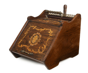 An English coal scuttle with assorted fire tools, rosewood and marquetry inlay with gilt metal handle and gallery, 19th century, 34cm high, 32cm wide, 45cm deep