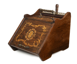 An English coal scuttle with assorted fire tools, rosewood and marquetry inlay with gilt metal handle and gallery, 19th century, ​34cm high, 32cm wide, 45cm deep