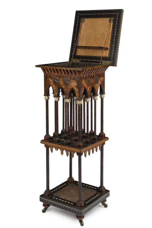 BUGATTI lectern, ebonized wood, brass, ivory, pewter, vallum, cord and bone, circa 1880-1895, exhibited at the NGV. 111cm high, 42.5cm wide, 42.5cm deep