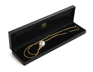 South Seas tear drop pearl pendant set in 18ct gold with 8 diamonds on a foxtail 18ct gold chain, the pearl 17.6mm x 20mm, the chain 47cm long with 5cm of trace style extension chain, 18.9 grams total. With Magenta Creative Jewellery valuation for $8,600.