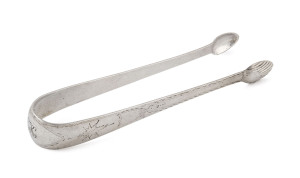 Irish silver sugar tongs with engraved feather edge and fluting, late 18th century, maker's mark illegible, 15cm long, 40 grams