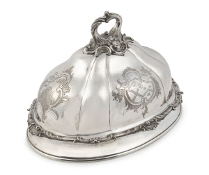A fine Sheffield plate meat dome engraved with the Cochrane and Nesbitt family crests, early to mid 19th century, 25cm high, 38cm wide, 28cm deep