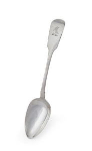 Antique Irish silver rats tail table spoon with engraved eagle and rabbit crest, made in Dublin, circa 1825, 23cm long, 75 grams