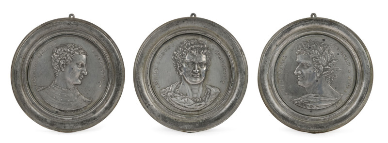 Grand Tour Roman Emperor plaques cast in pewter depicting NERO, TIBERIUS and GIAUS (CALIGULA), circa 1830, (3 items), 13cm diameter overall