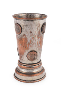 A Georgian Sheffield plate gambling beaker adorned with George III pennies, base set with three wooden dice inside glass compartment, early 19th century, rare. 17cm high