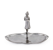W.M.F. German Art Nouveau silver plated tray with female statue handle, circa 1900, stamped "W.M.F.", 20cm high, 33cm wide