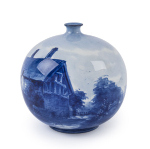 DOULTON BURSLEM "Ann Hathaway's Cottage" blue and white spherical porcelain vase decorated by L. Bentley, early 20th century, stamped "Doulton Burslem, England", with crown, 14cm high